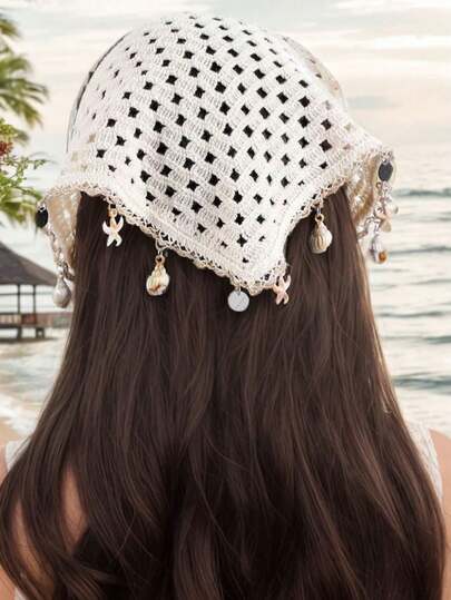 Beige Blumen, Libelle, Muschel & Quaste Cut Out Gewebte Stirnband, Boho Stil, Casual Strand Urlaub, Geeignet für Herbst/Winter, Halloween