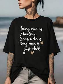 Camiseta suave para mujer "Ser bueno es salud, ser malo es un infierno" - Un regalo perfecto para familiares y amigos, adecuada para el Festival de Primavera y para actividades de team building en la oficina, camiseta gráfica de manga corta a la moda. - Negro - Ver 7