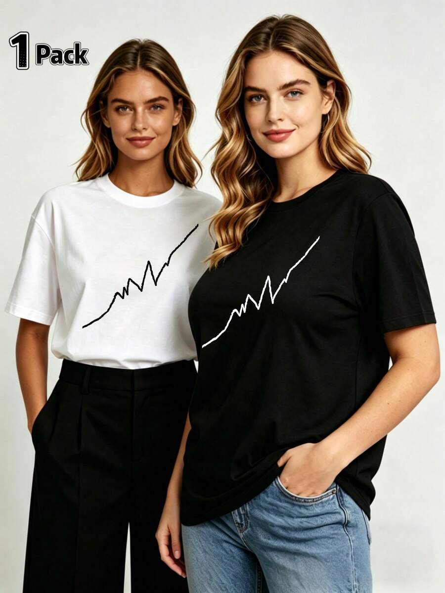 Estilo minimalista premium, conjunto de 1 pieza, camiseta básica casual de manga corta para mujer con estampado de latidos del corazón, adecuada para conjuntos de padres e hijos y parejas, perfecta para usar en primavera y verano, un regalo ideal para mamá en el Día de la Madre, regalo familiar, ecológico. - Blanco - Ver 1