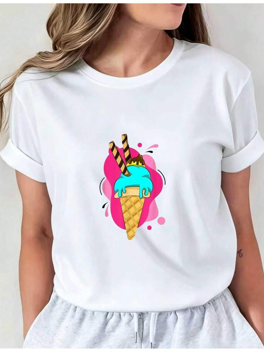 Camiseta Deportiva Casual para Mujer con Gráfico de Helado de Caricatura - Camiseta Blanca Elástica de Cuello Redondo, Lavable aáquina, Ajuste Cómodo y Perfecta para Todas las Estaciones, para Jóvenes. - Blanco - Ver 1