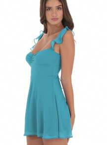 Women Summer Mini Cami Dress Solid Color Sleeveless Open Back Smocked Waist Mesh Dress - Agua verde azul - Ver 2