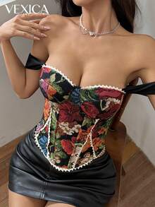 Vexica Women's Fashion Bustier Crop Top, Featuring Off-Shoulder Neckline And Asymmetric Regular Length Sleeveless Design, Adorned With Delicate Contrast Lace Details, Elegant Ladies Blouse, White For New Year Outfit, Pink Top, Christmas - Black - View 10
