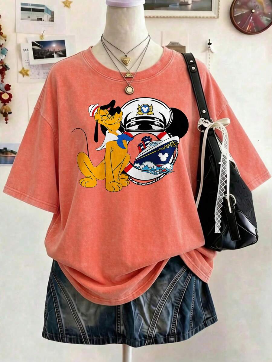 Disney Oversize Round Neck Washed T-Shirt With Disney Pluto Print, Disneyland, Disney Animal Kingdom, Disney Family Vacation Trip, Summer Outfits For Women, Vacation Outfits Women, Dresses,, Dresses For Women, Summer Clothes, Summer Tops, Capris For Women, Rompers For Women, Jeans For Women, Jorts, Graphic Tees Women, Tank Tops Women, Dresses For Women Summer, Summer Tops, Summer Clothes, Summer, Swimsuits For Woman, Bathing Suits For Women, Bikinis, White Tank Top, Women Sweatshirts & Hoodies, Cord Sets For Women, Trajes Elegantes De Mujer, Conjuntos De Dos Piezas Para Mujer, Skirt Two Piece Set, Conjuntos De Mujer, Blusas, Trajes De Mujer Casual, Free Shipping, Co Ords Sets Women, Faldas - Coral Orange - View 1