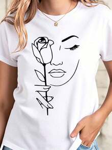 Limited Time Offer, Limited Quantity Available, Lightning, Women's Shirts, Women's T-Shirts Casual White T-Shirt With Graphic Print Of A Woman's Face And Rose For Women, Ideal For Summer. - 白色 - 查看 1