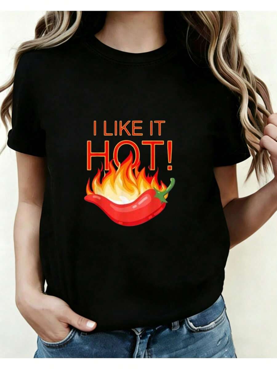 Women's Printed T-Shirt - Casual Short Sleeve Crew Neck T-Shirt In Black With Red Hot Pepper Graphic. With A Relaxed Fit For All Seasons, The Perfect Choice For Both Everyday Wear And Your Holiday Outfits (Machine Washable). - 黑色 - 查看 1