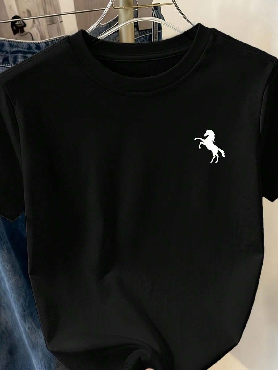 Camiseta Deportiva Casual para Mujer en Negro con Silueta de Caballo Blanca en el Pecho - Camiseta Elástica de Cuello Redondo, Lavable aáquina, Confortable y Apta para Todas las Estaciones, para Uso Diario y Actividades Informales. - Negro - Ver 1