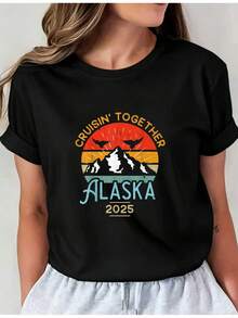 Camiseta Deportiva Casual para Mujer con Diseño Colorido de Atardecer en Alaska 2025 - Camiseta Negra Elástica y de Cuello Redondo, Lavable aáquina, Ajuste Cómodo para Todas las Estaciones, Ropa Casual Femenina con Estilo Único. - Negro - Ver 6