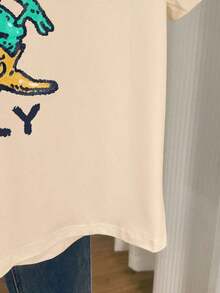 Short-Sleeved T-Shirt With Round Neck And Letter And Frog Print, Casual For Summer. Y2K Style Sportswear, Round Neck, 100% Cotton, Soft Fabric, Short Sleeve. - 杏 - 查看 5