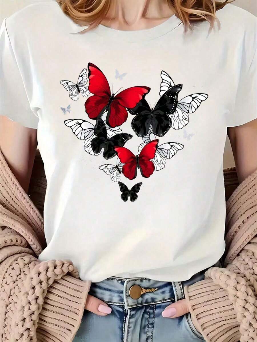 Women's Bohemian Butterfly Heart Design T-Shirt, Fashion Casual Top, Short Sleeve Graphic Tee, Red And White Butterfly Print, Summer Outfit, Easter Outfit, Cotton T-Shirt - 白色 - 查看 1