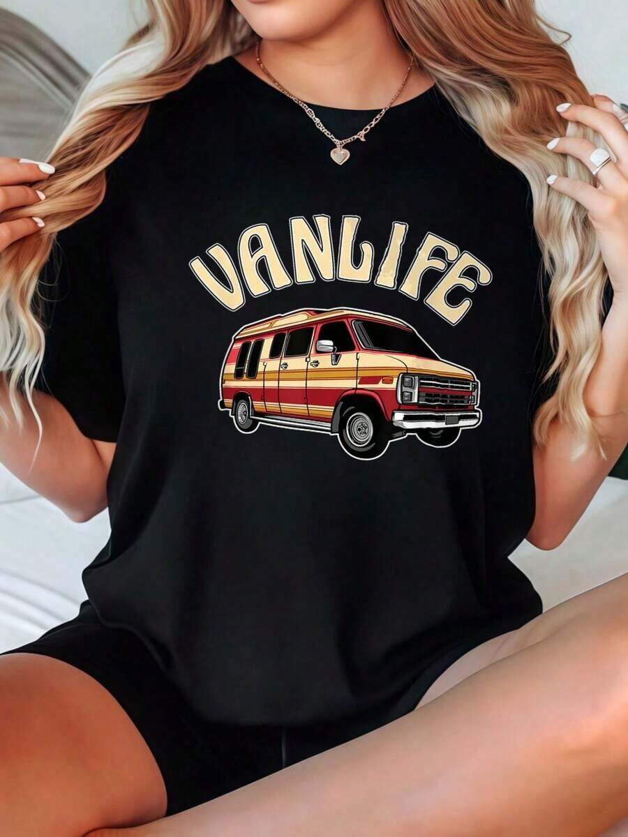 Camiseta de Mujer 2026, Casual, Cuello Redondo, Manga Corta, Opciones en Blanco y Negro, Estampado Gráfico Vanlife, Camisetas de Uso Diario de Verano, Tops de Verano, Camisetas Gráficas, Conjuntos de Verano, Camisetas Cortas de Mujer, Blusas para Mujer Casuales, Ropa Linda de Algodón Vintage para Mujer. - Negro - Ver 1