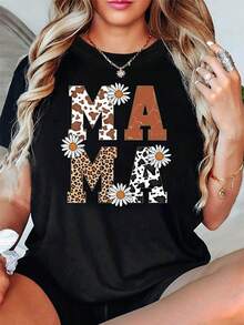 Camiseta de verano para mujer Camiseta con estampado de letras MAMA estilo vaquero, combinación de patrones de leopardo y vaca con flores de margarita, resaltando la personalidad y dulzura. El diseño minimalista perfecto para el Día de la Madre o para un look diario, combinando amor y fuerza - Negro - Ver 5
