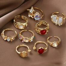 15pcs Geometric Asymmetrical Textured Liquid Shape Heart Teardrop Intersect Multi-Layer Minimalist Plain Band Wavy Metal Rings Set, Fashion Elegant Vintage Design, Suitable For Holiday, Party, Daily Wear, Random Styles - Gold Open Cat's Eye Ring - View 6