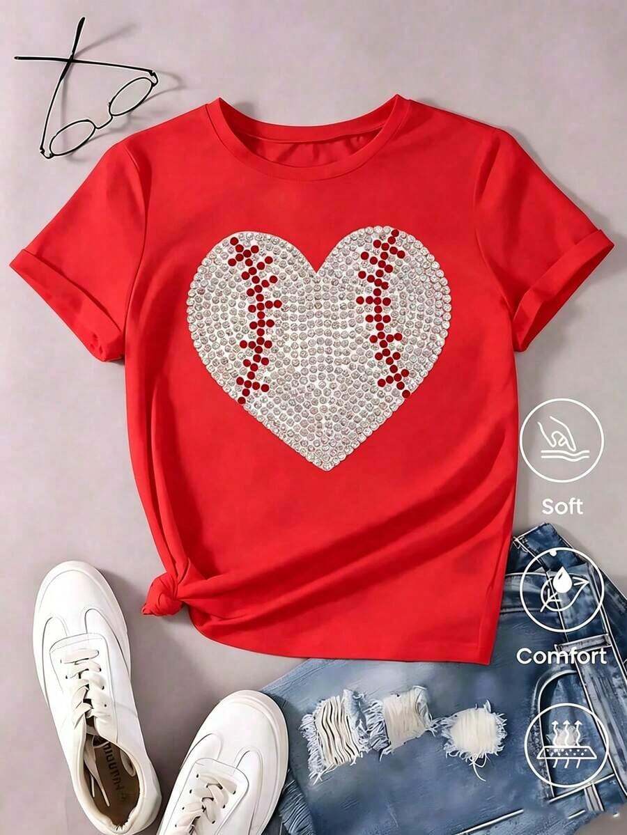 Soft Soft Women's White T-Shirt With Sequin Baseball Heart, Shiny Aesthetic T-Shirt With Red Stitching, Sports Top For Game Day, Fashionable Casual Blouse For Baseball Fans - 紅色的 - 查看 1
