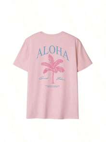 Women's Short-Sleeved T-Shirt With A Round Neck And Palm Print, A Casual And Modern Style, Ideal For Summer, Your Everyday Essential. Printed T-Shirt, White Top For Women, Top, Pink Top, Holiday Set, 100% Cotton - 粉紅色 2 - 查看 4