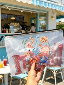 Multi Color Waterproof Fashionable Mesh Beach Bag, Colorful "Marine Creatures And Shells" Printed Makeup Bag, Beach Theme. Large Capacity Transparent Makeup Bag, Nylon Zipper Wash Bag - Lightweight, Can Store Sunscreen, Snacks, Bikinis, And Beach Essentials. Spring And Summer Storage, Perfect For Swimming, Beach, Diving - Multicolor - View 5