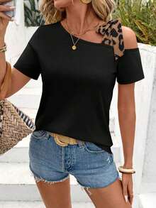 Camiseta de manga corta con cordones y estampado de leopardo para mujer, adecuada para ir al trabajo y actividades al aire libre, de estilo casual - Negro - Ver 3