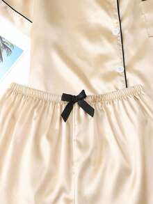 Conjunto de pijama de 2 piezas con camisa de manga corta con solapa y pantalones cortos con moño, ropa de dormir para mujer, conjunto de dos piezas - Amarillo - Ver 6