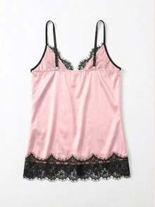 Top de camisola de encaje lujoso| Encaje de contraste + tela suave, sexy y que estiliza la figura para el verano - Rosa - Ver 5