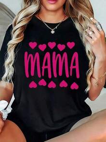 Algodón Camiseta Negra De Cuello Redondo Para Mujer, % Algodón, Talla, Con Estampado Gráfico MAMA, Diseño De Corazones Rosas, Top Informal De Verano, Tejido De Punto, Ligero Y Elástico, Regalo Perfecto Para Mamás, Camiseta De Talla, Estampado Divertido, Construcción De Punto, Talla - Negro - Ver 1