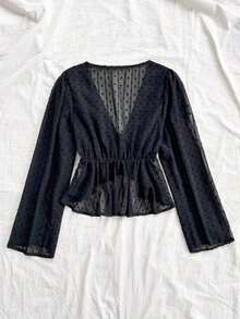 Blusa informal de unicolor con mangas acampanadas para mujer - Negro - Ver 2