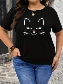 Camiseta Casual de Talla Grande para Mujer con Estampado Gráfico, Cuello Redondo Elástico, Top de Verano, Lavable a Máquina, Ajuste Cómodo, Ropa Holgada, Manga Corta con Patrón Brillante, Tela Opaca - Negro - Ver 1