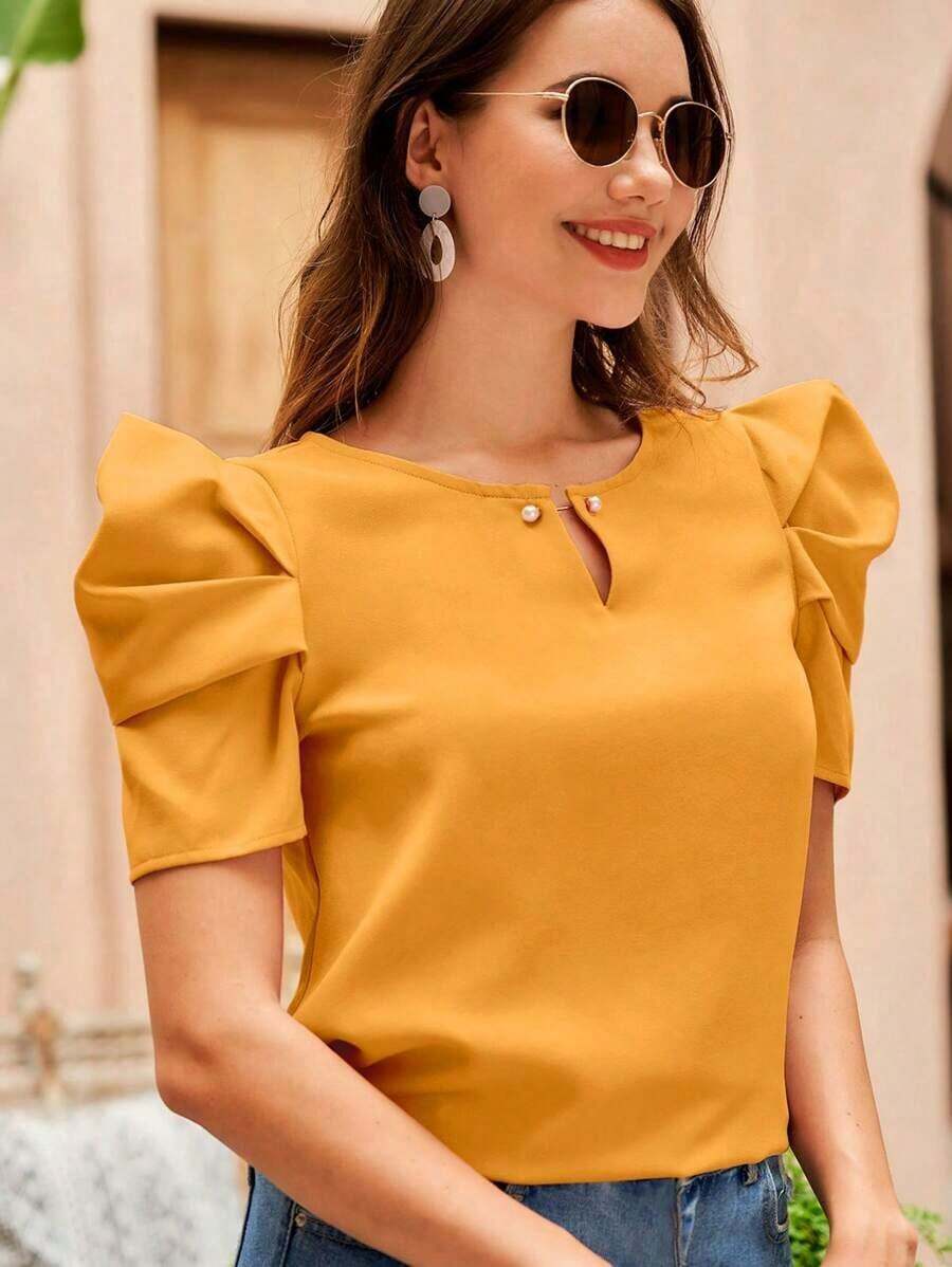 Clasi Blusa de cuello con abertura de ojo de manga farol - Amarillo - Ver 1
