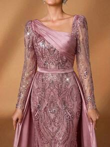 Elegante y lujoso vestido de satén con mangas y bajo de cola de sirena, con tela bordada con lentejuelas, versátil y de alta gama, adecuado para bodas, eventos, fiestas, vacaciones, bailes, vestidos de gala para la madre de la novia - Rosa vieja - Ver 4