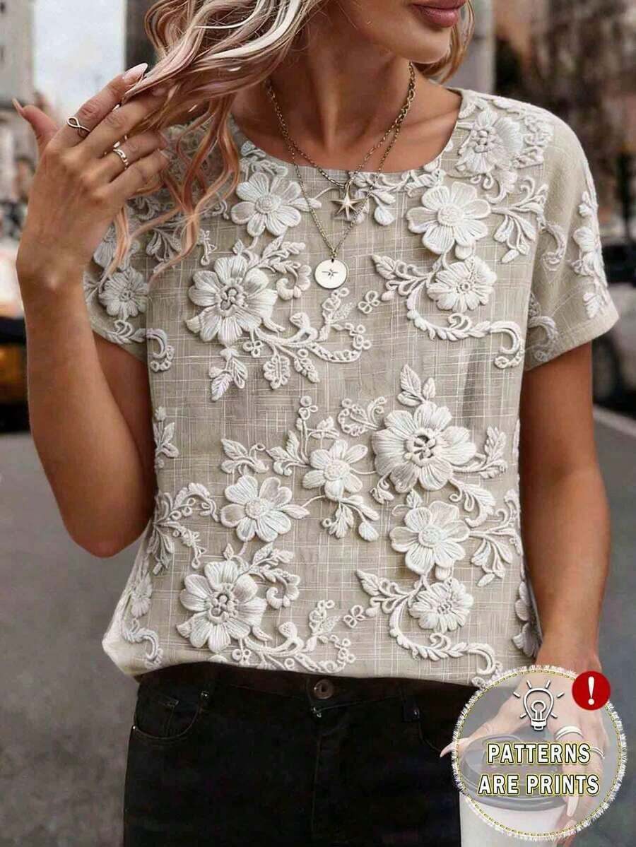 Camiseta de mujer de manga corta con cuello redondo y estampado floral, cómoda y casual para uso diario - Albaricoque 3 - Ver 1