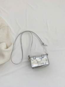 New Mini Square Bag For Spring/Summer, Decorated With Belt, Flap Opening, Chain & Belt Strap, Small Capacity Lightweight Minimalist Crossbody Bag - Silver - View 2