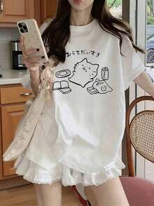ropa de mujer Camiseta de manga corta estilo japonés para mujer, holgada, casual, con cuello redondo, versátil, con estampado de gato de dibujos animados, blanca, para primavera/verano, camisas de mujer - Blanco - Ver 2