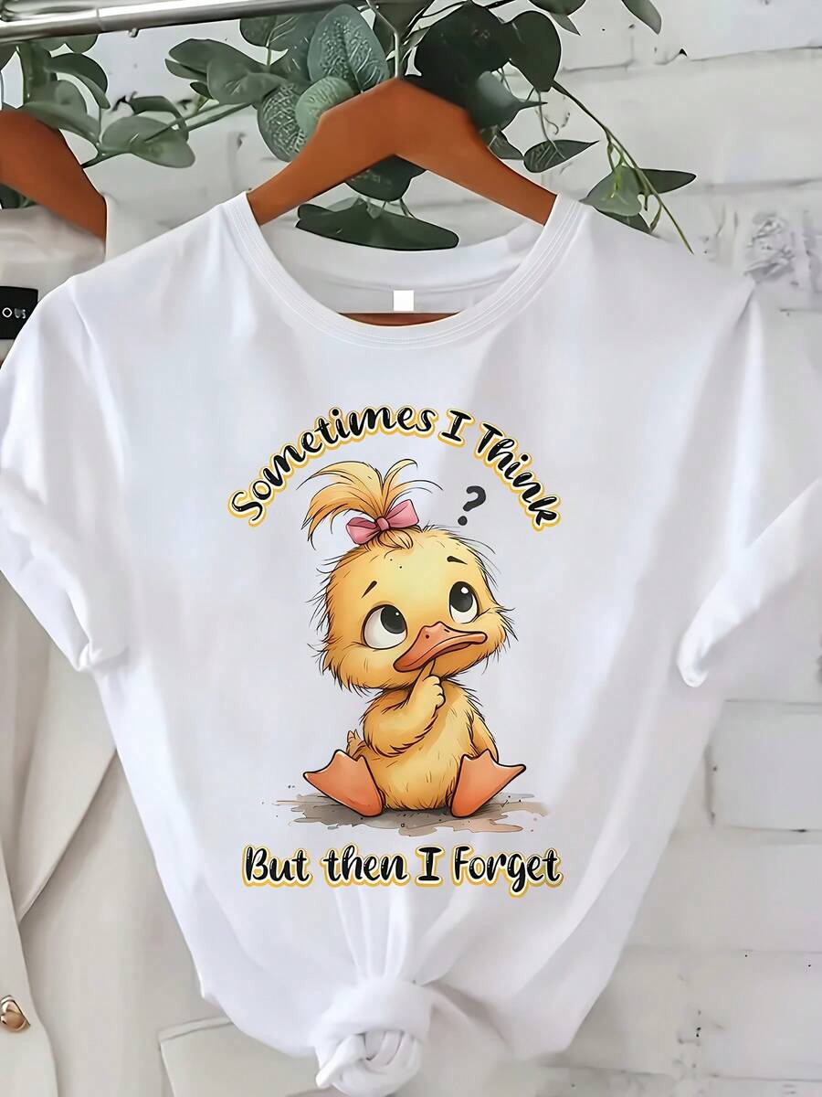 Women's Plus Size Casual Fashion T-Shirt 0-8XL - Modern Base Layer For Everyday Wear, All Seasons Comfortable Fit, Fun T-Shirt With Cute Duckling Design And Slogan "Sometimes I Overthink But Then I Forget" - Soft And Stretchy Fabric, Machine Washable, T-Shirt - [白色的] - 查看 1