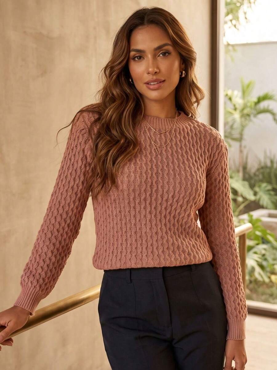 Women's Honeycomb Knit Sweater, Long Sleeve, Round Neck, Ribbed Cuffs, Winter Knit - Krem Baru - View 1