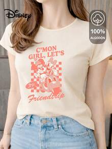 Women's T-Shirt Made Of 100% High-Quality Cotton. This T-Shirt Guarantees Exceptional Softness To The Touch, A Round Neck With A "Disney Minnie & Daisy Friendtrip" Print, And Short Sleeves. - 米色 - 查看 1