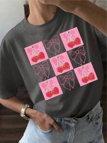 Camiseta Casual de Verano para Mujer YOCASA, con Cuello Redondo, Ajustada y de Manga Corta, con Estampado de Pintura al Óleo, Motivos Florales, de Corazones, de Cerezas y de Letras.Tela sencilla y casual, estilo deportivo, ideal para uso diario y una cita de San Valentín. - GRIS-YH137 - Ver 6