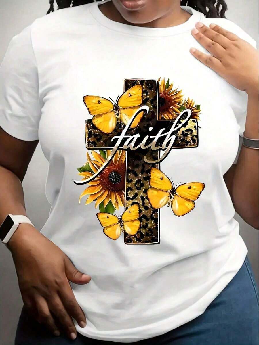 Women's Clothing. Women's T-Shirts With A Cross, Butterfly, And Sunflower Print, 100% Breathable, Featuring A Central Cross Design Adorned With Vibrant Yellow Sunflowers. Women's Shirts - 白色 - 查看 1