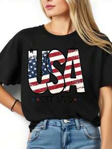Patriotic US Independence Day T-Shirt With American Flag Design Est. 1776, Celebrate National Pride For 4th Of July Events And American Holidays - Vintage Urban Style, Unisex, 100% Pure Cotton, Short Sleeve, Crew Neck - 黑色 - 查看 3