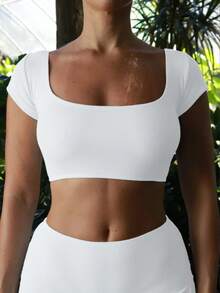 Women's Rib Knit Blouse, Adjustable Tie, Short Sleeve Square Neck And V-Neck Cropped Top For Yoga And Leisure - White - View 2