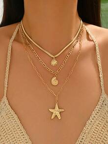 3pcs Bohemian Style Starfish & Seashell Multi-Layer Necklace Set, Unique Design Ocean Theme Pendant Necklace Set, Suitable For Daily Wear, Vacation, Photo Shoot And - Multicolor - View 1