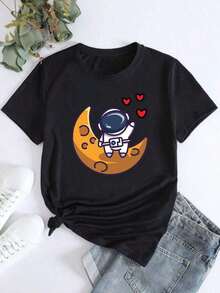Camiseta de manga corta Astronauta Lunar para mujer, cómoda y barata para uso diario casual, deportivoPure-Cotton - Negro - Ver 7