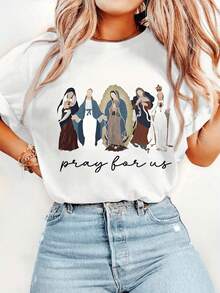 Modern White T-Shirt With A Unique Design Featuring Religious Figures, Spiritual Inspiration, Prayer, Casual Comfort, Casual Style, Temple, Church, Meeting With Friends, Various Occasions, Sizes S, M, L, Various Colors,  Fashion - 白色 - 查看 1