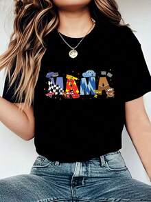 2026Camiseta gráfica casual para mujer con dibujo de MAMA - Manga corta, estilo de verano, ligera y transpirable, perfecta para regalos, reuniones familiares y ropa casual, diseño juguetón Ajuste cómodo2026 - Negro - Ver 10