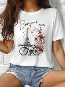 LUNE Blusa de Manga Corta con Estampado Romántico de París para Mujer, para Primavera/Verano, Estilo Urbano, Casual de Negocios, Uso Diario, Elegante y Cómoda para Vacaciones y Fiestas. - Blanco - Ver 7