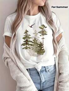 Pure Cotton T-Shirt, Casual And Simple, With An Abstract Print Of An Eagle Flying In The Forest, Short Sleeve T-Shirt With Round Neck And Breathable Print, Casual Sports T-Shirt, New Short Sleeve T-Shirt For Women Summer, Plain White T-Shirt. - 白色 - 查看 2