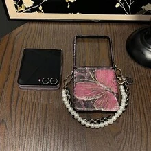 韩版紫色蝴蝶手机壳，带花朵手链，兼容三星 Galaxy ZFlip7、Z Flip6、ZFlip 5，防震后盖 - 紫色 - 查看 7