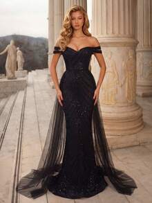 LOVE&LEMONADE Black Elegant Off Shoulder Flowing Mesh Patchwork Backless Criss-Cross Tie Mermaid Long Wedding Dress - Black - View 1