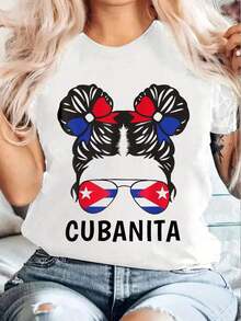 Women's T-Shirt With Cuban Flag Print (Cuban Girl) For Hispanic Heritage Month, Short Sleeve, Round Neck, Casual Style For Summer And Spring, Women's Clothing, Women's T-Shirts - 白色 - 查看 1