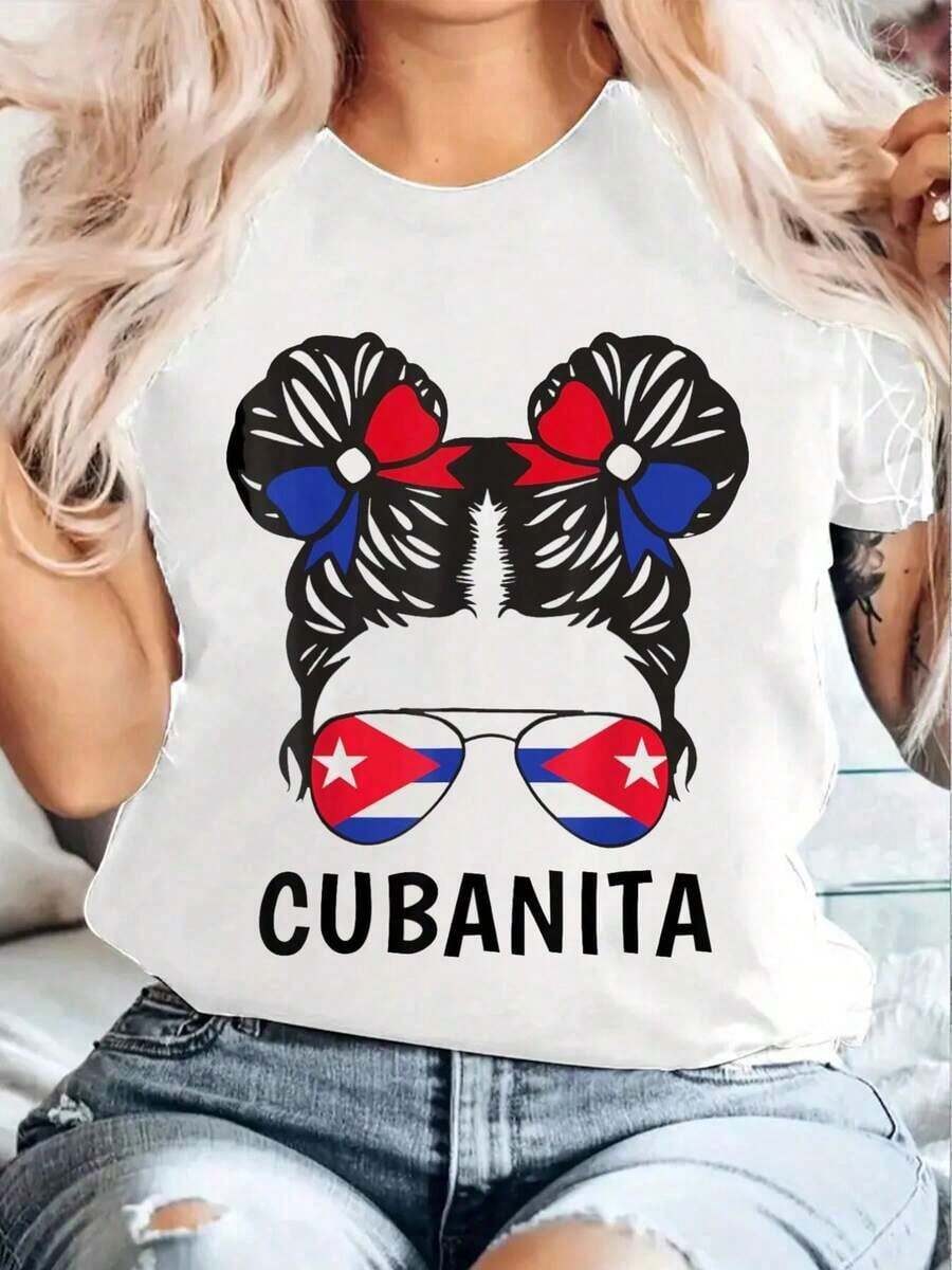 Women's T-Shirt With Cuban Flag Print (Cuban Girl) For Hispanic Heritage Month, Short Sleeve, Round Neck, Casual Style For Summer And Spring, Women's Clothing, Women's T-Shirts - 白色 - 查看 1