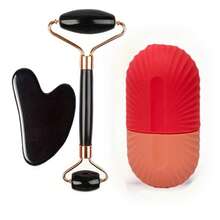 Bộ lăn đá lạnh chăm sóc da mặt (1/2/3 món), dụng cụ massage mặt Gua Sha, màu be nhạt, dụng cụ làm đẹp, con lăn massage nâng cơ mặt, khay đá viên tái sử dụng. - màu đen - Xem 14