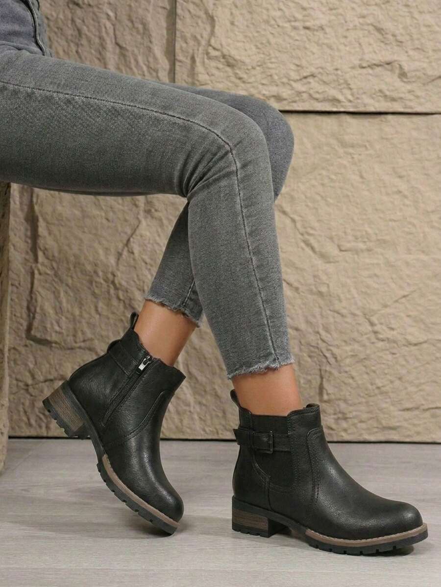 Low Heel Chelsea Ankle Boots For Women Side Zip Short Booties - 黑色 - 查看 1