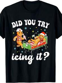 Funny Nurse Christmas T-Shirt – "Have You Tried Ice Packs?" Humorous Gingerbread Man Print T-Shirt, Casual Retro Style For Healthcare Workers, Suitable For All Seasons. - Black - View 1